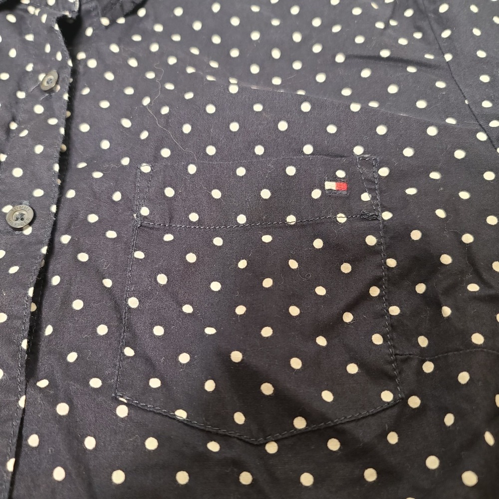 Tommy Hilfiger Womens Button Up Medium Polka Dot Blue White Preppy Pocket Y2K